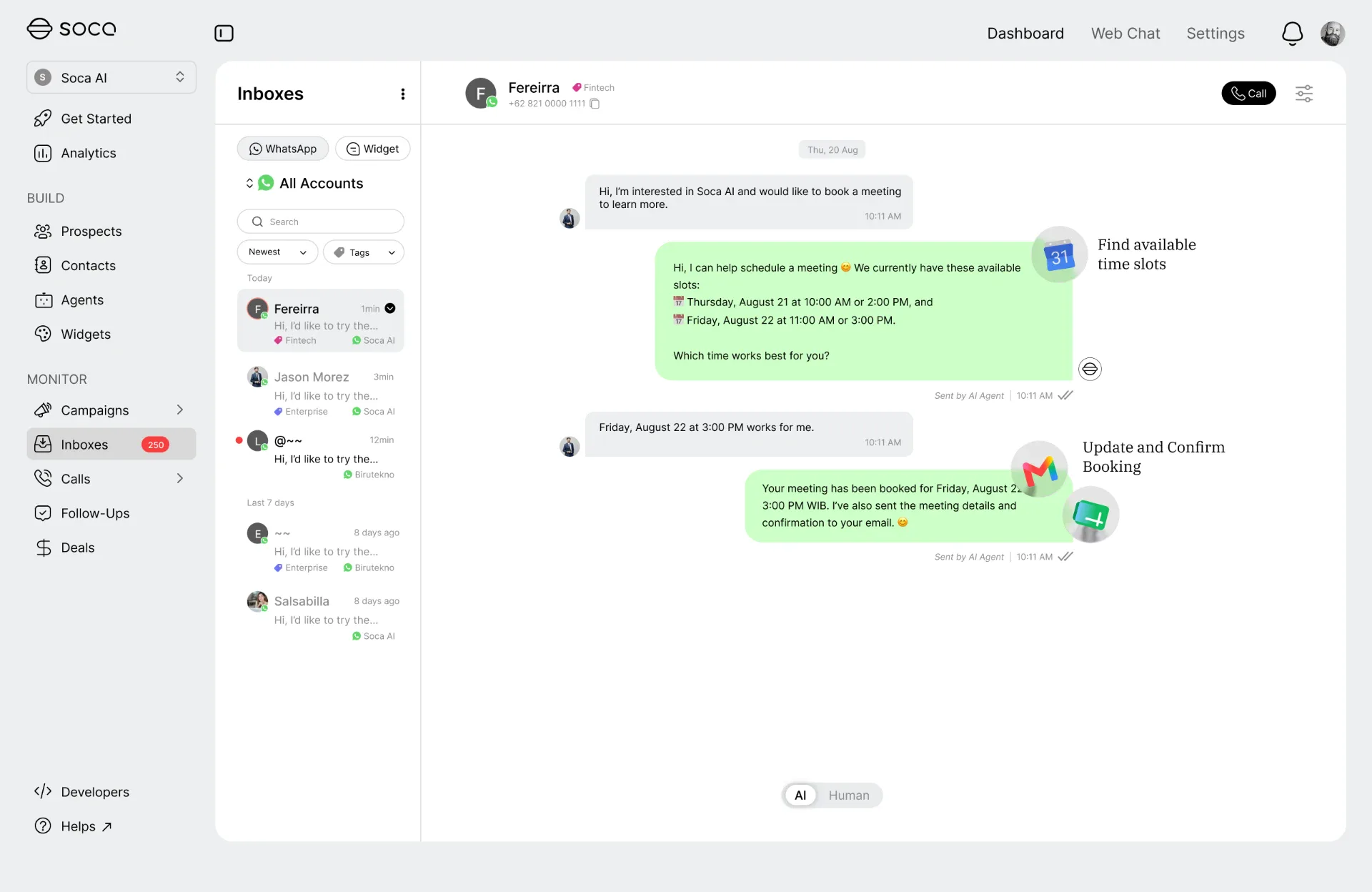 AI agent booking a meeting and sending confirmation from WhatsApp