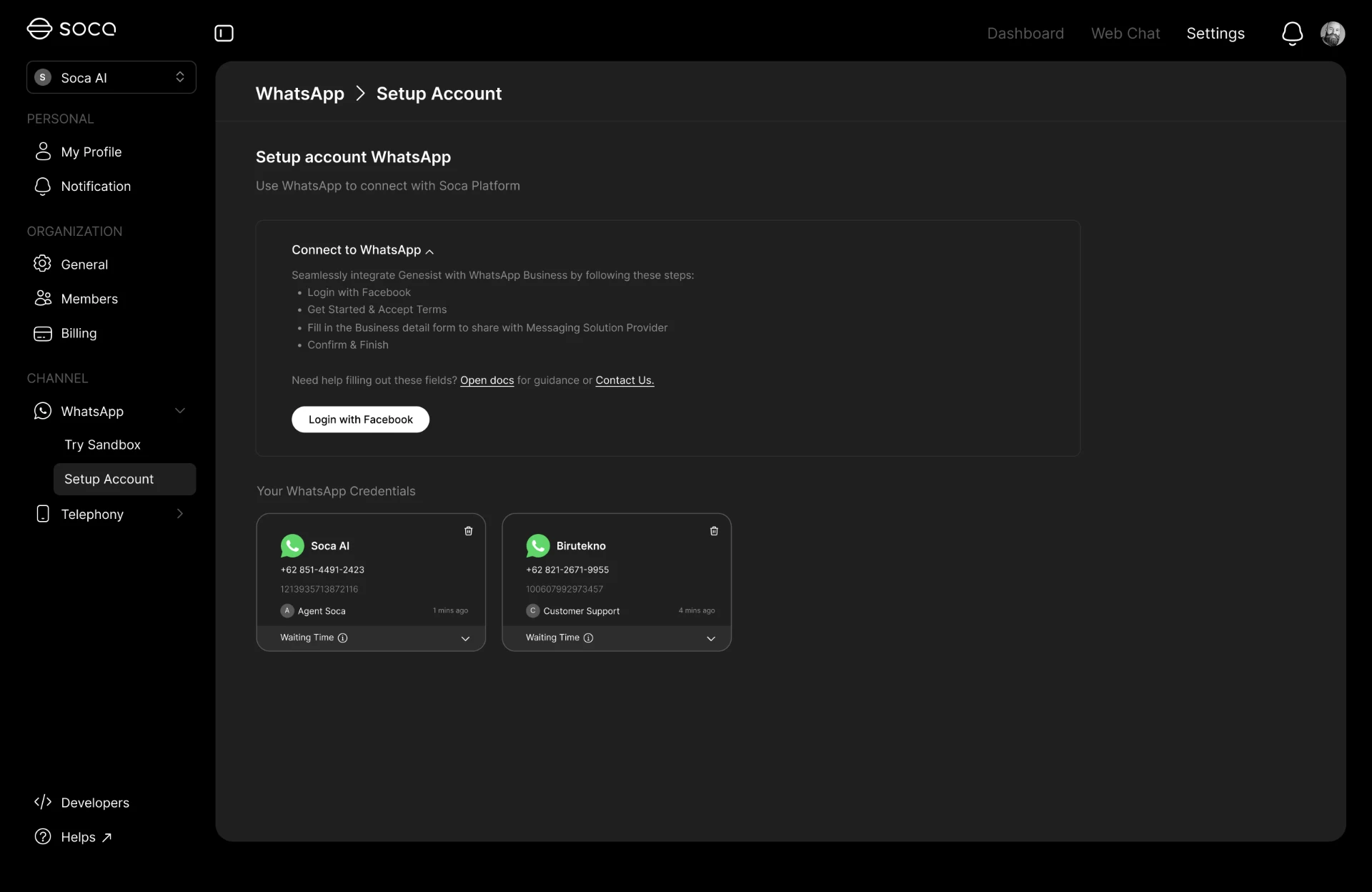 Connecting a WhatsApp Business account in Soca AI