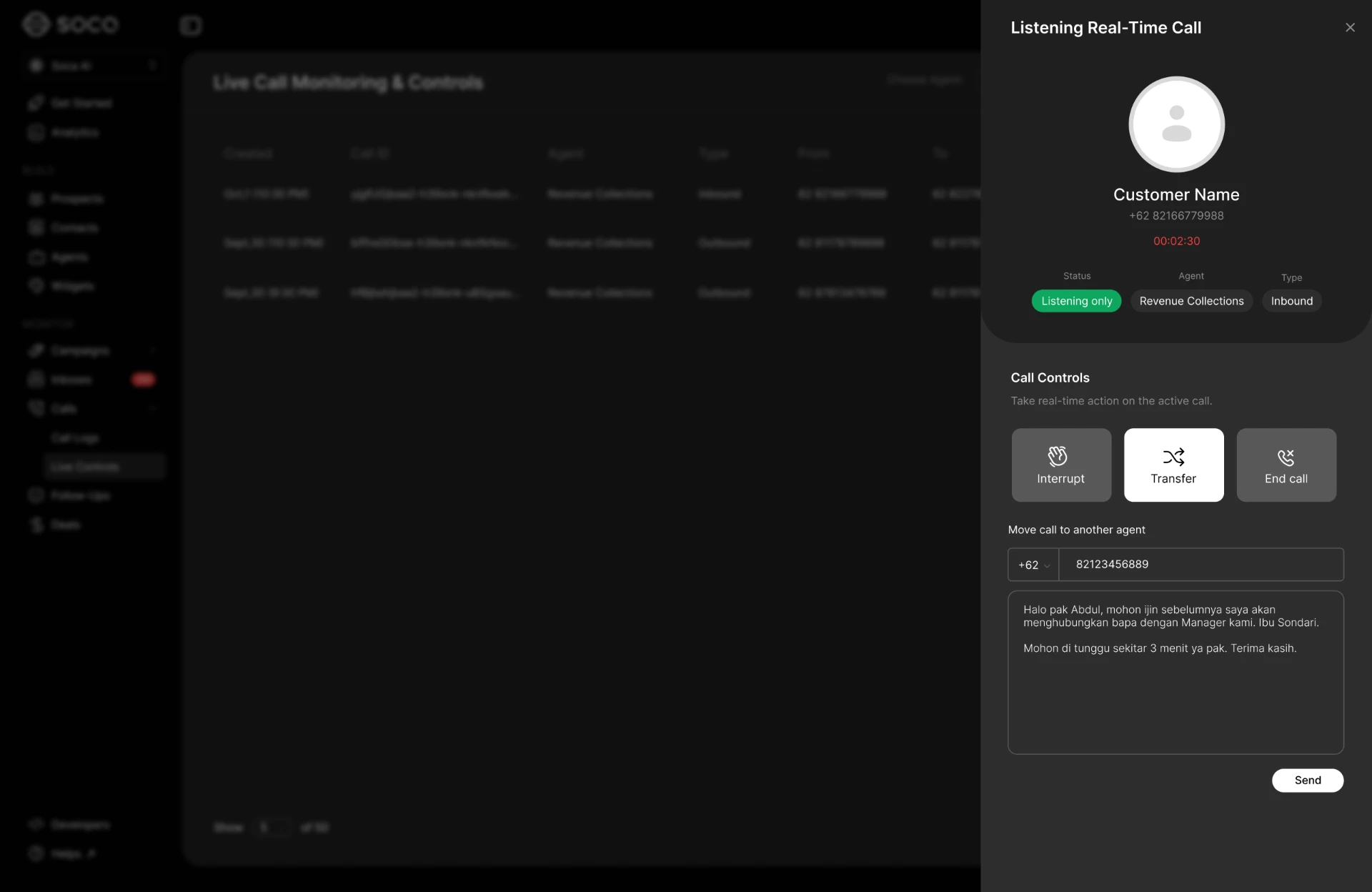 Live call monitoring panel showing an active AI phone call with interrupt, transfer, and end call controls