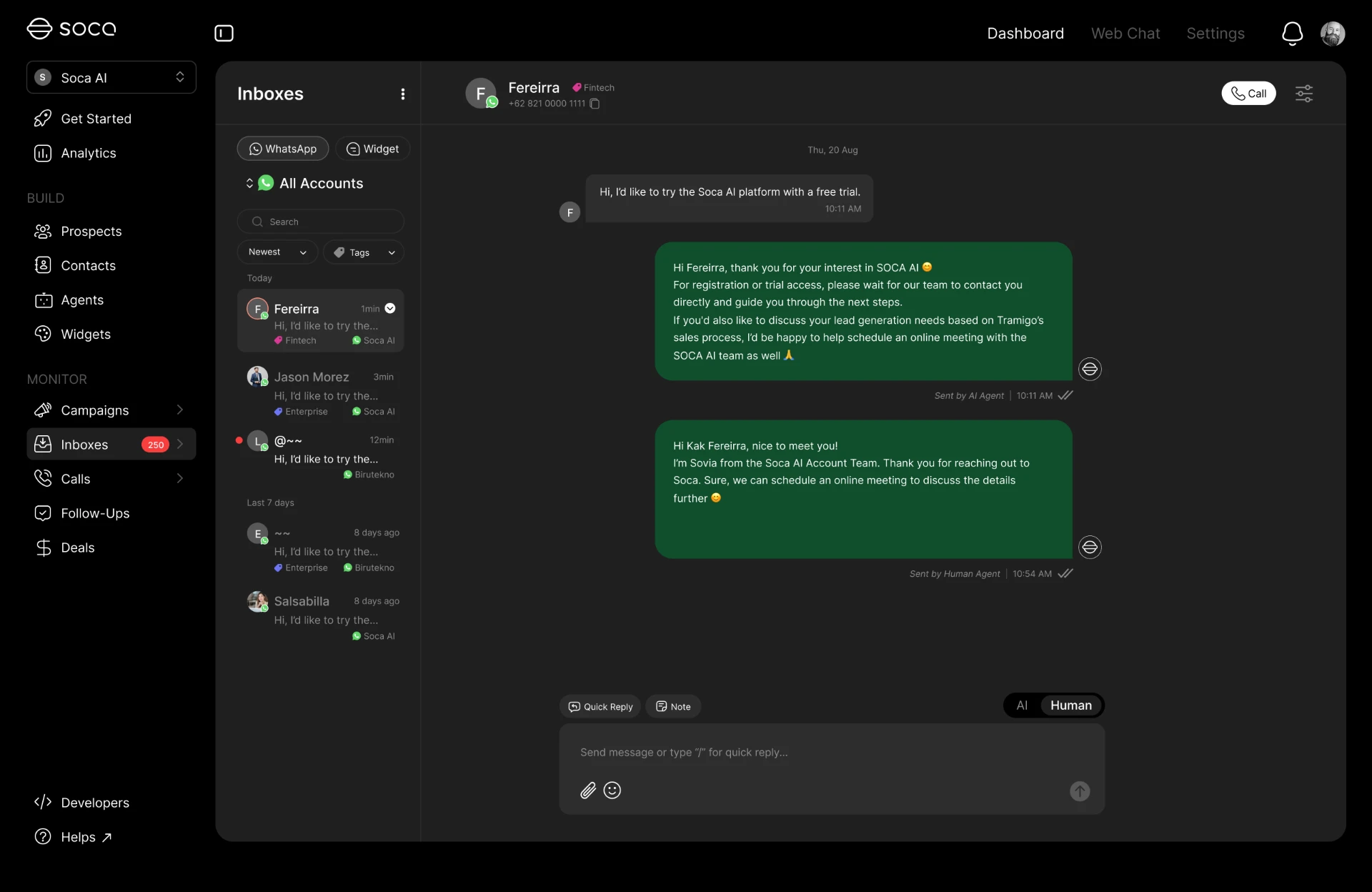 Unified WhatsApp inbox in Soca AI