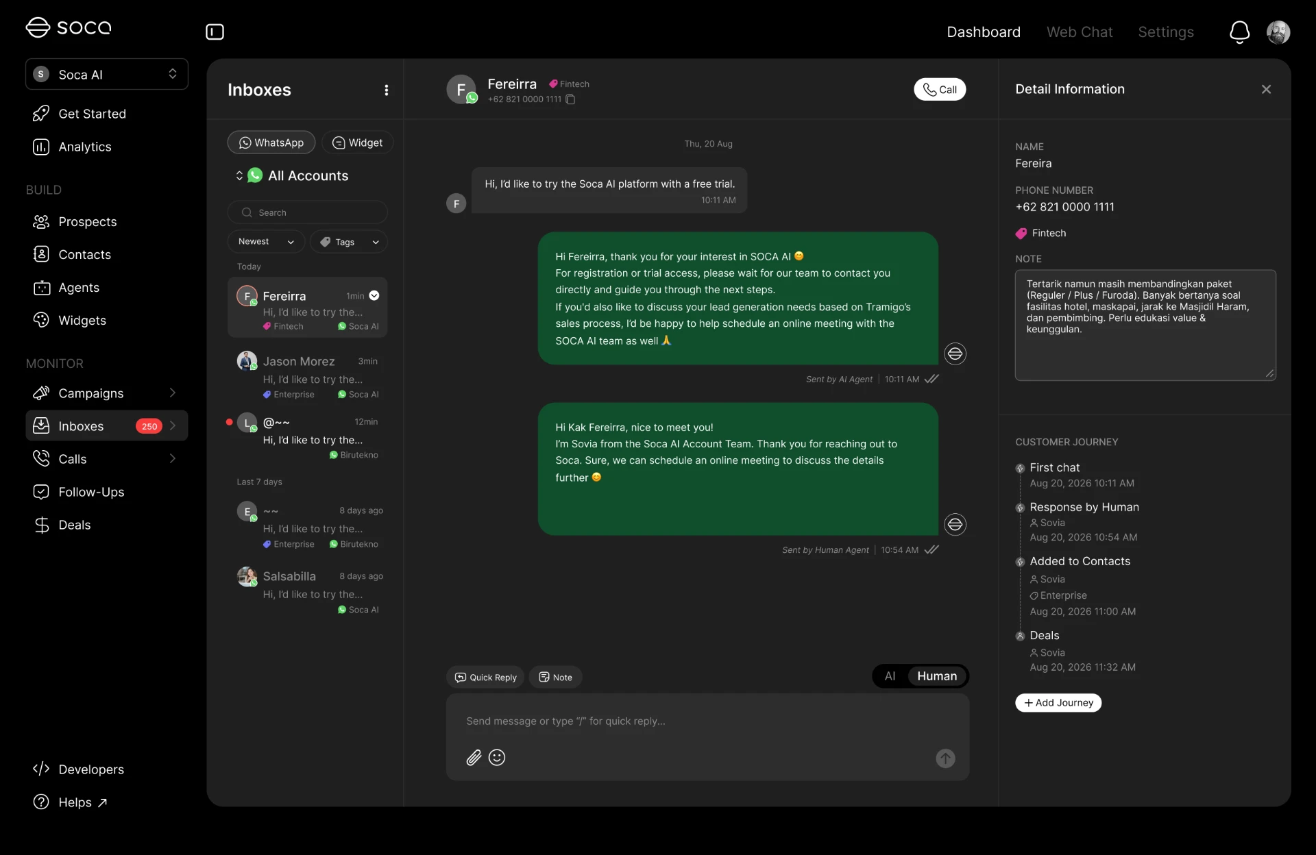 Handing a WhatsApp conversation from AI to a human agent