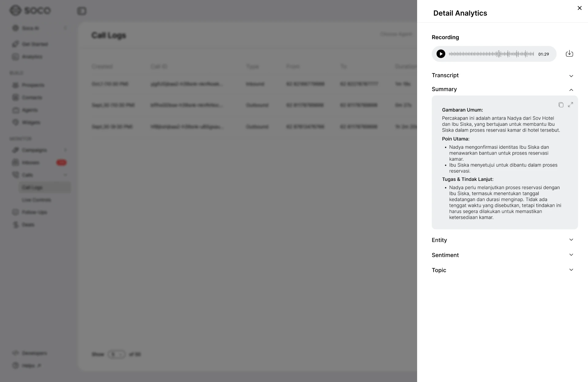 Call logs with detail analytics panel showing recording, transcript, AI summary, entities, sentiment, and topics