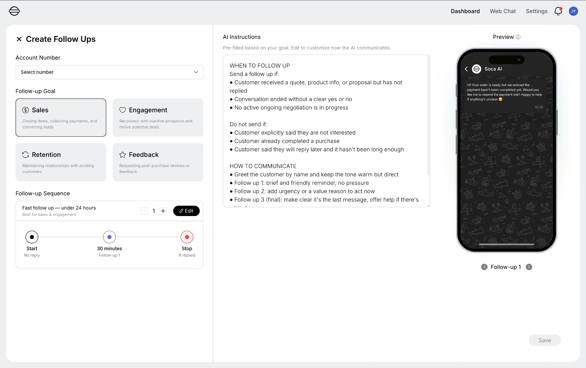 Sales Automation follow-up builder with goal selection, follow-up sequence timeline, and AI instructions