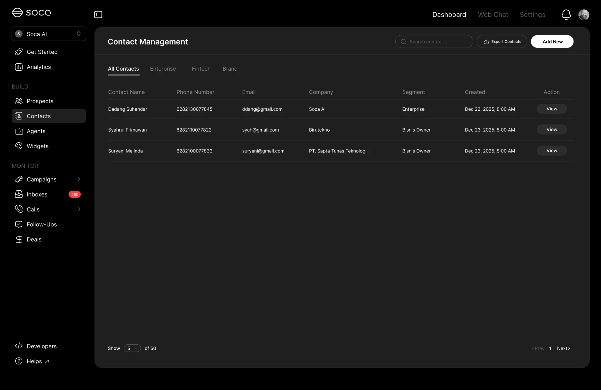 Contact management dashboard with profiles, labels, and segments
