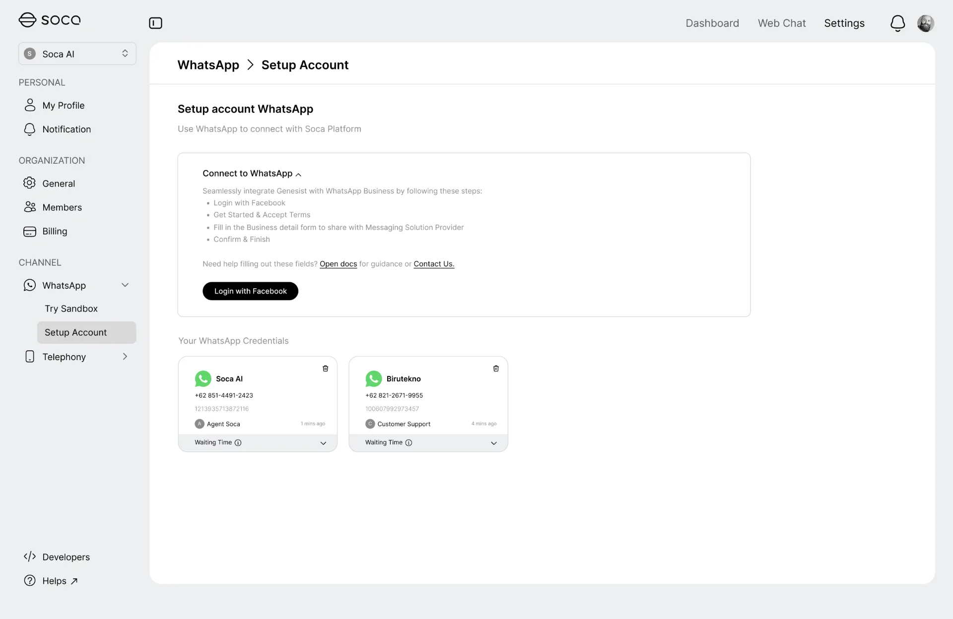 Connecting a WhatsApp Business account in Soca AI