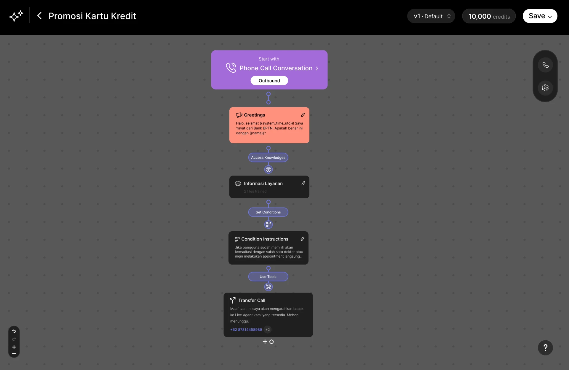 Phone Call Studio — visual builder for an AI voice agent with greetings, knowledge, conditions, tools, and call transfer