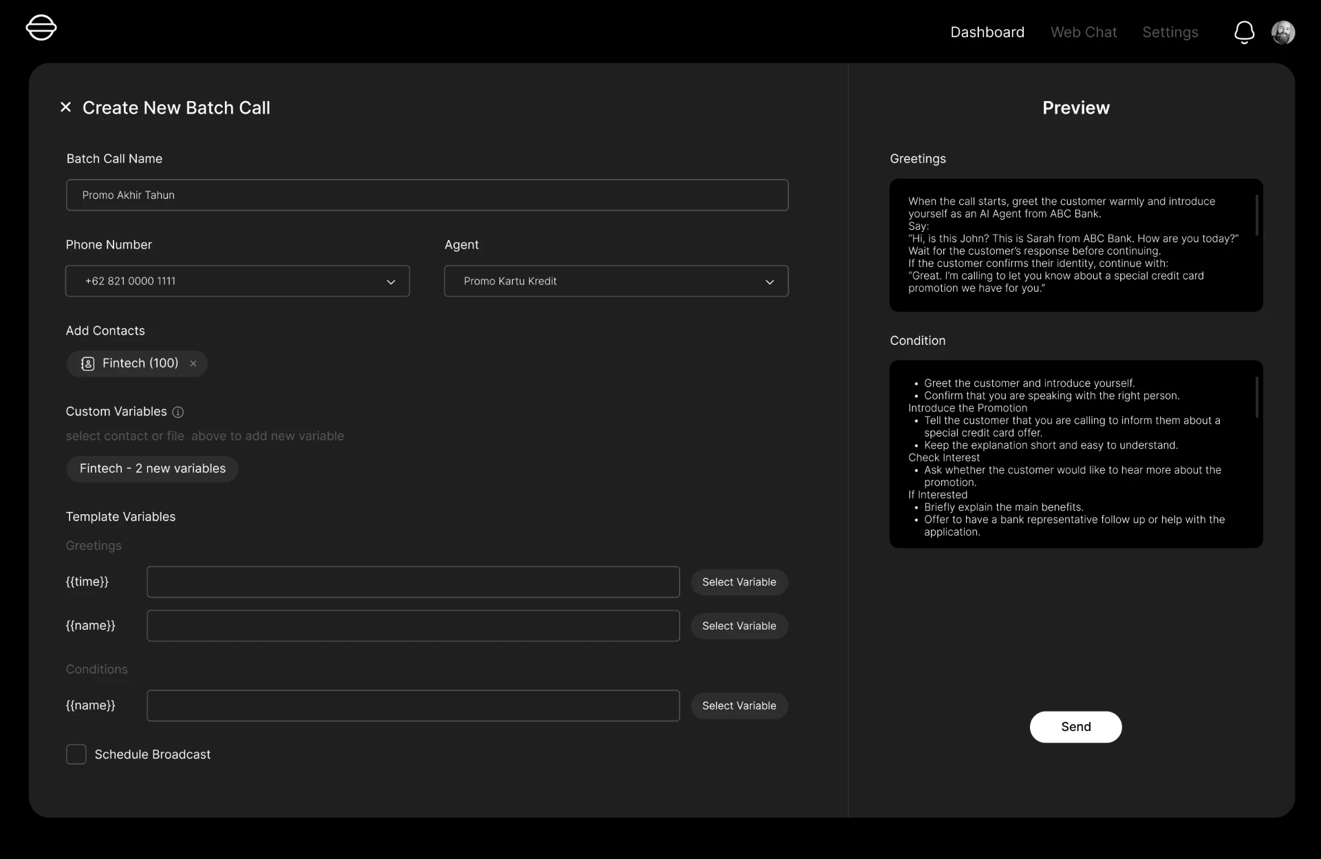 Create new batch call campaign with contact list, custom variables, scheduling, and live conversation preview