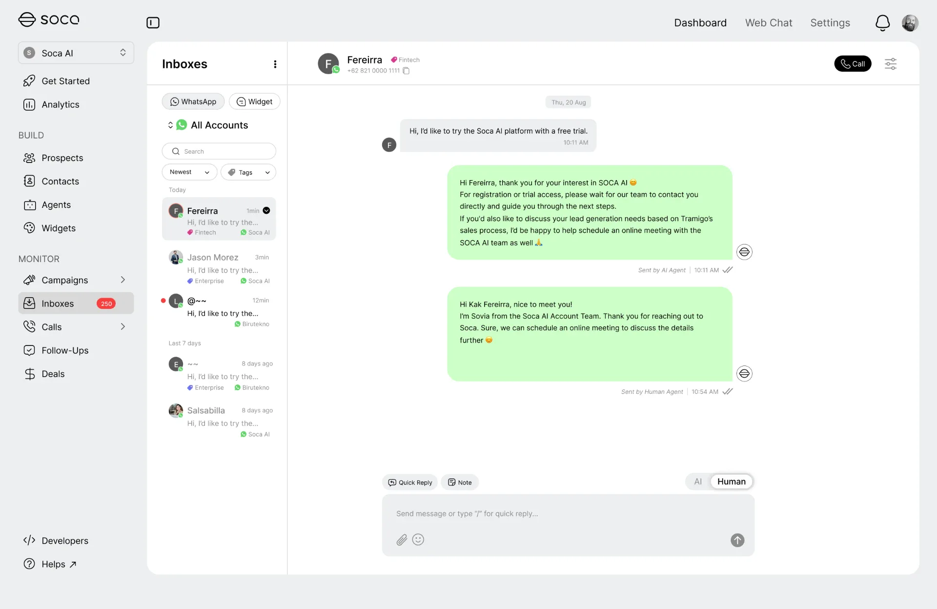 Unified WhatsApp inbox in Soca AI