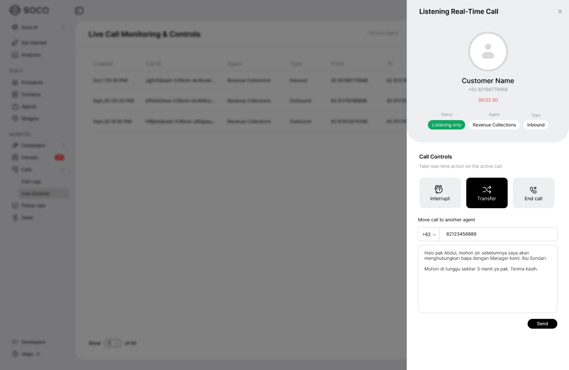 Live call monitoring panel showing an active AI phone call with interrupt, transfer, and end call controls