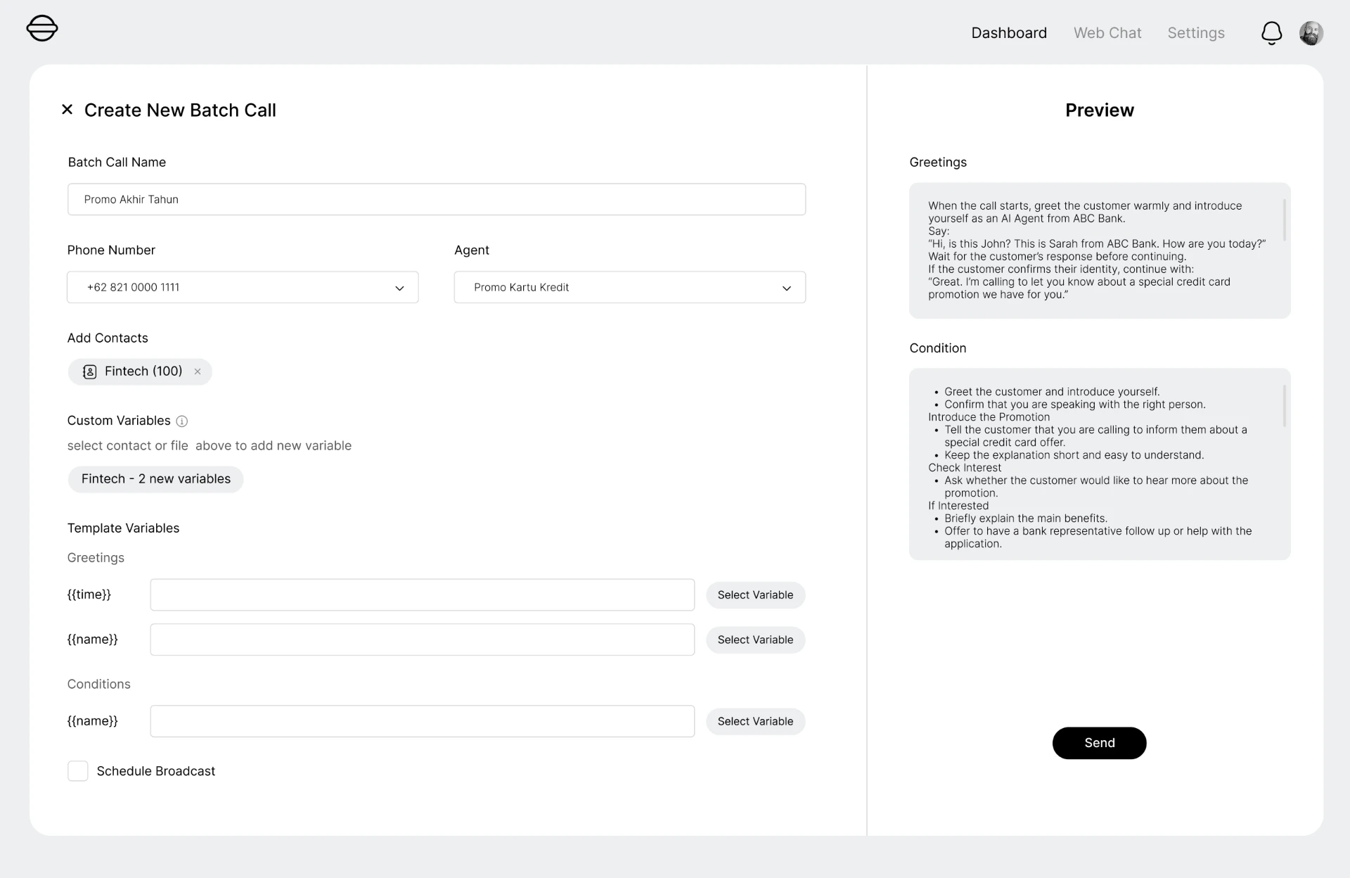 Create new batch call campaign with contact list, custom variables, scheduling, and live conversation preview