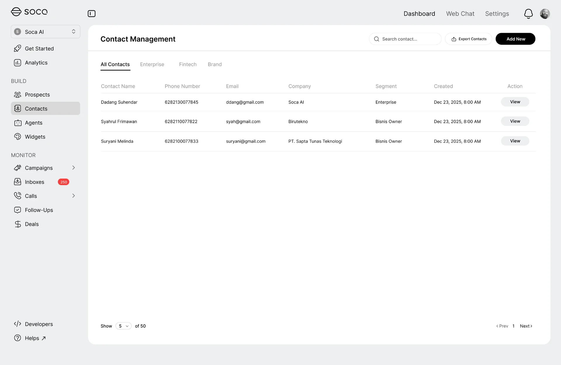 Contact management dashboard with profiles, labels, and segments