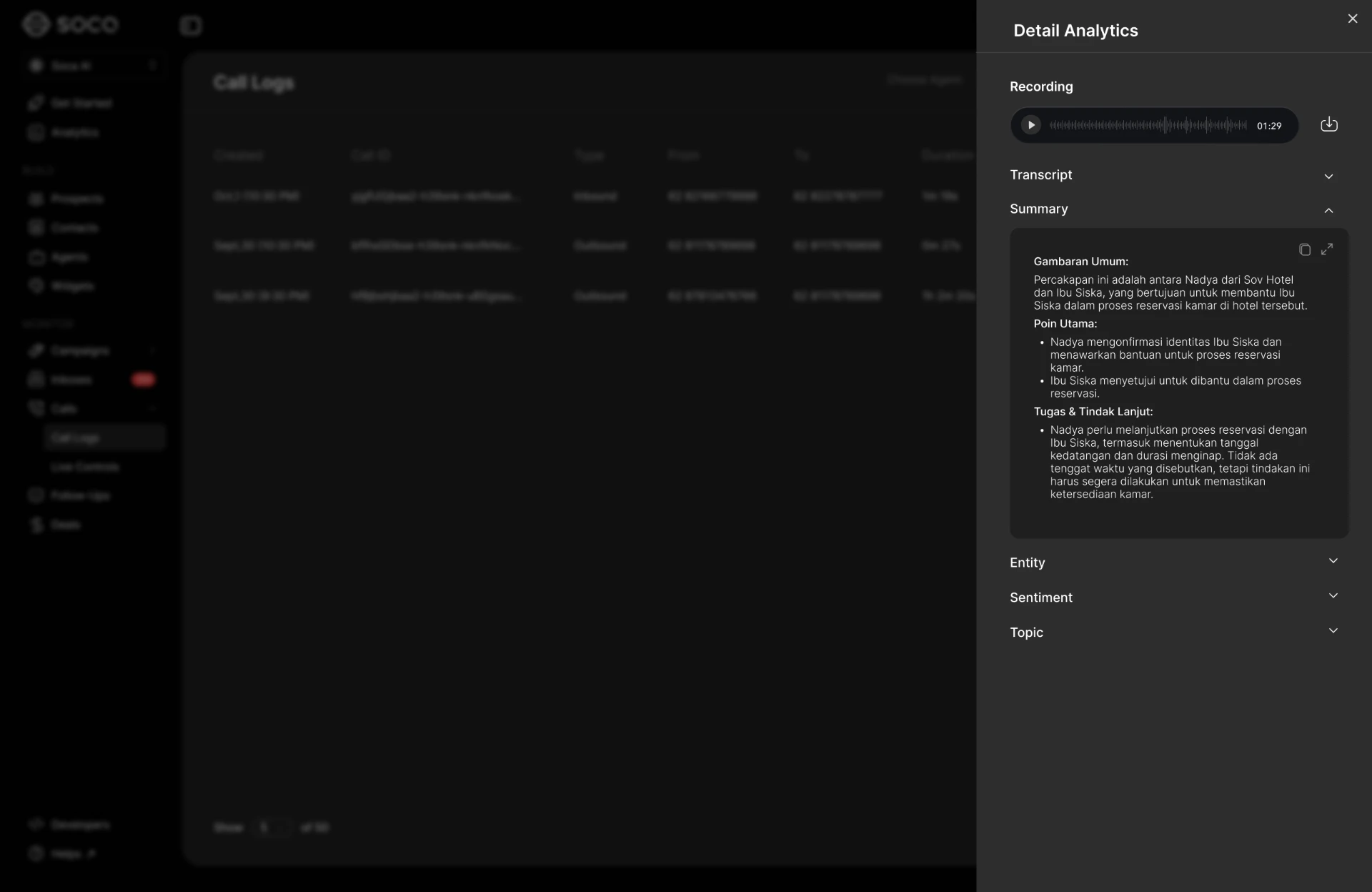 Call logs with detail analytics panel showing recording, transcript, AI summary, entities, sentiment, and topics