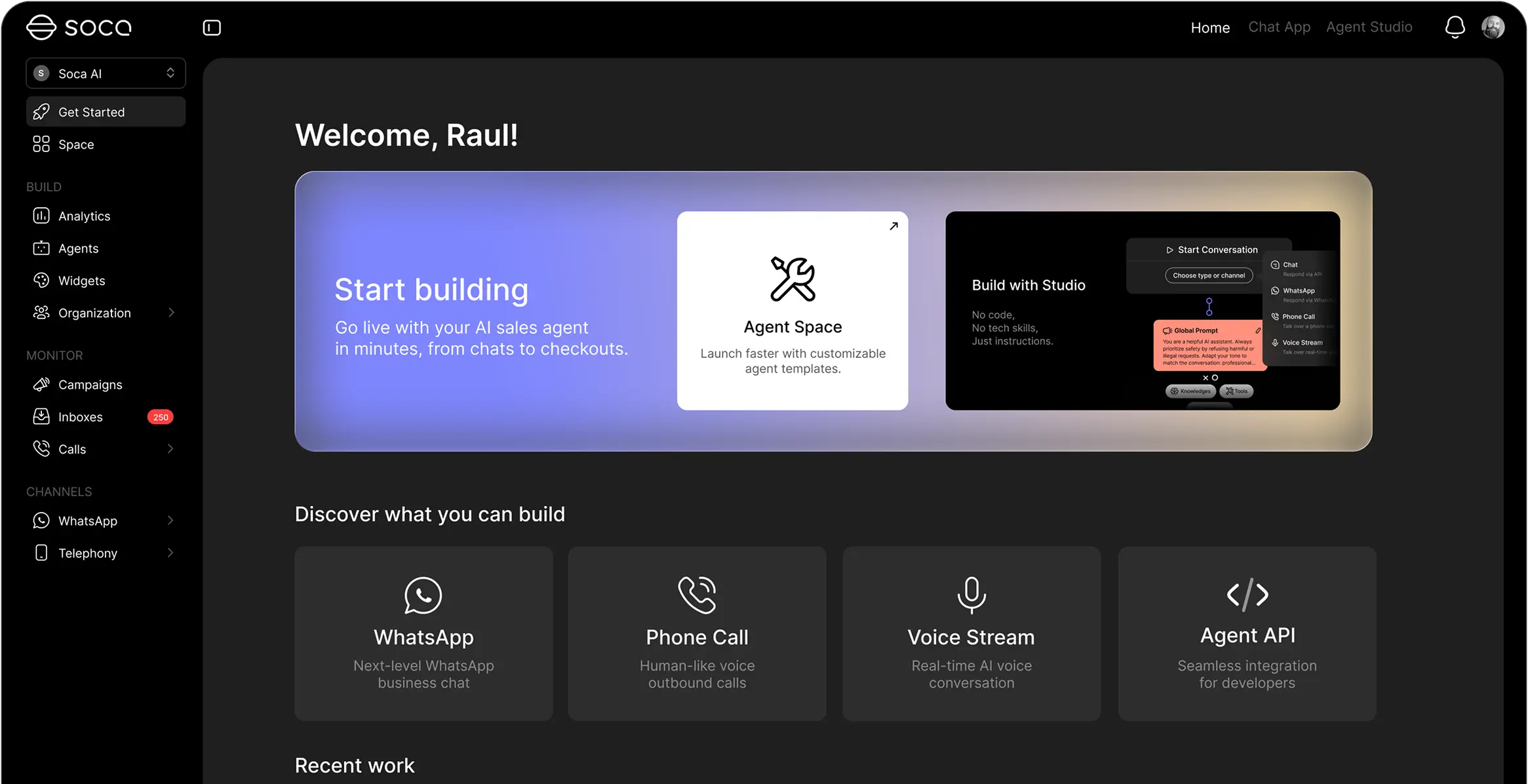 Soca Genesist Conversational AI Agent Platform Dashboard Interface